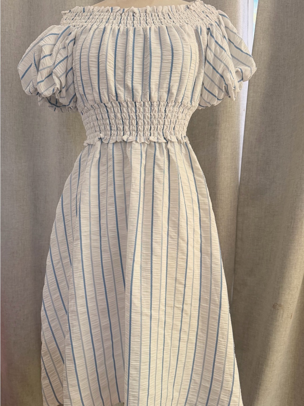 Calvin Klein White Dress with Blue Stripes, Off-Shoulder Smocked Bodice